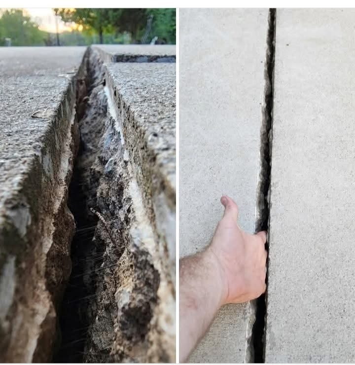 Close-up comparison of concrete joint sealing work, showing before and after detail of concrete sidewalk or sidewalk surface.